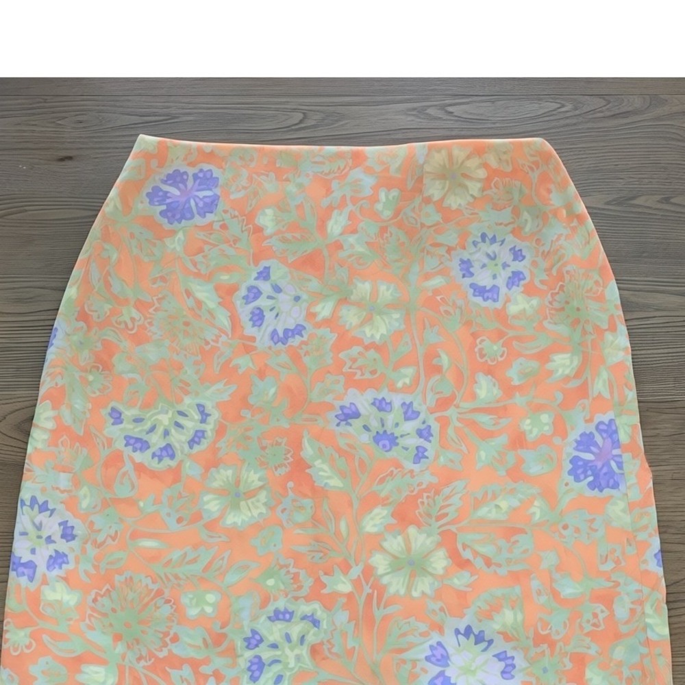 Sigrid Olsen Sport Orange Floral Rayon Ruffle Hem Skirt Size 12 Lined Pastel 90s